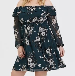 Dark Green Floral Chiffon Skate Dress